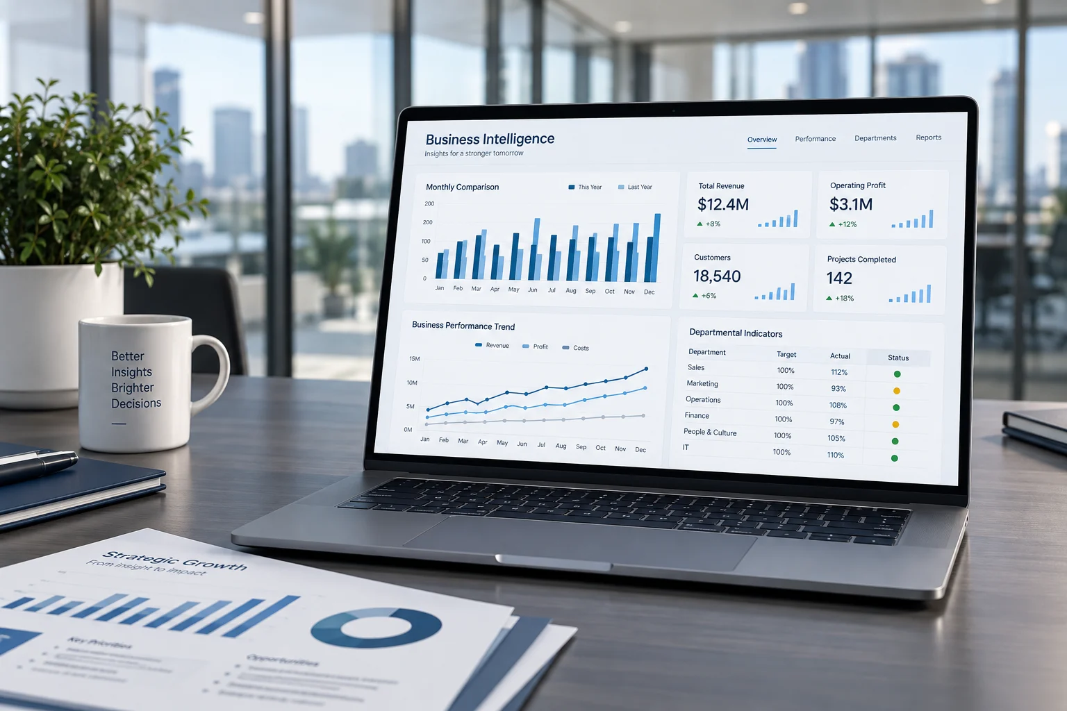 Tablero ilustrativo de inteligencia de negocio con datos de ejemplo